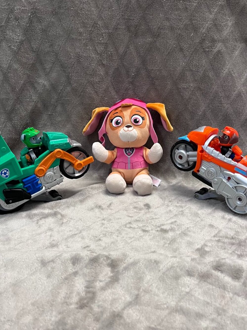 3 Paw Patrol Toys: Skye Plush Ty Beanie Baby, Rocky & Zuma Pull Back Motorcycles